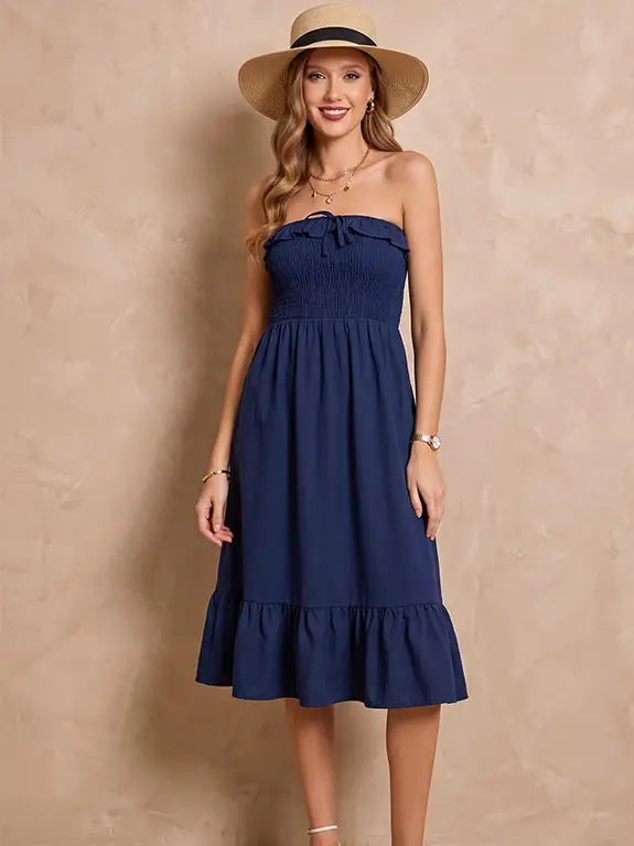 Navy Strapless Smocked Midi Dress