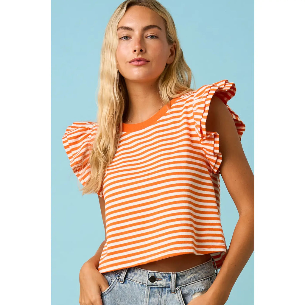 Orange Striped Double Ruffle Short Sleeve Contrast Top