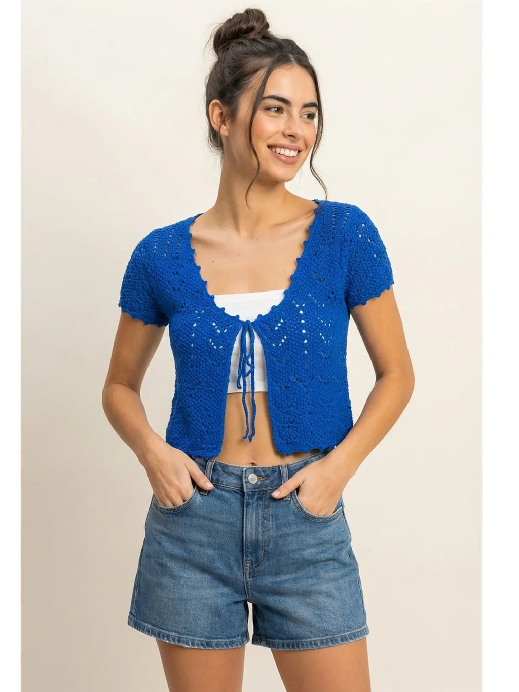 Pointelle Tie Front Knit Cardigan in Cobalt Blue