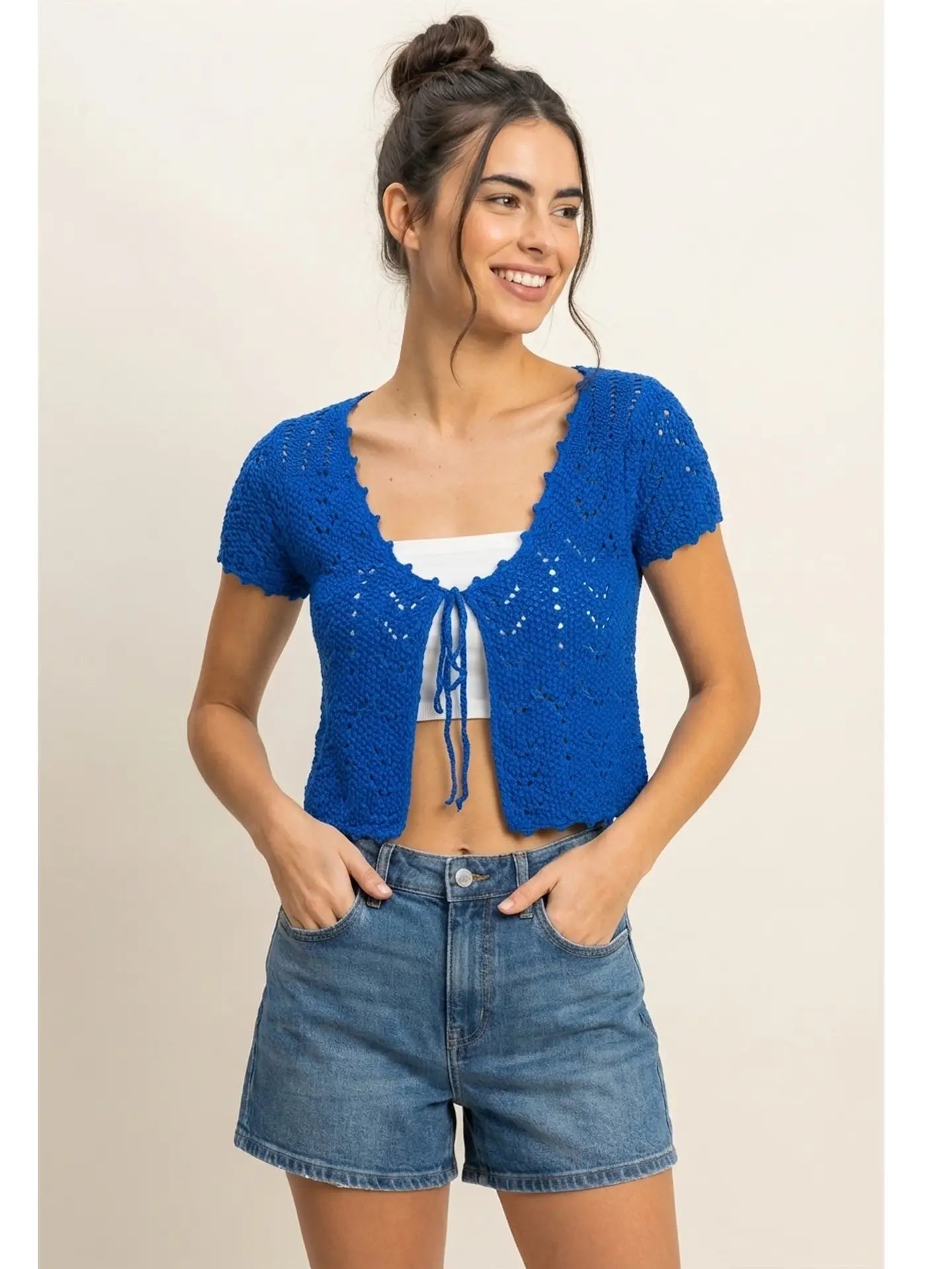 Pointelle Tie Front Knit Cardigan in Cobalt Blue