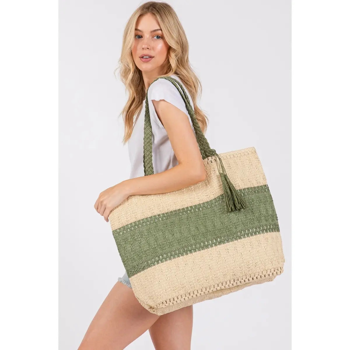 Olive Two Tone Woven Tote Bag