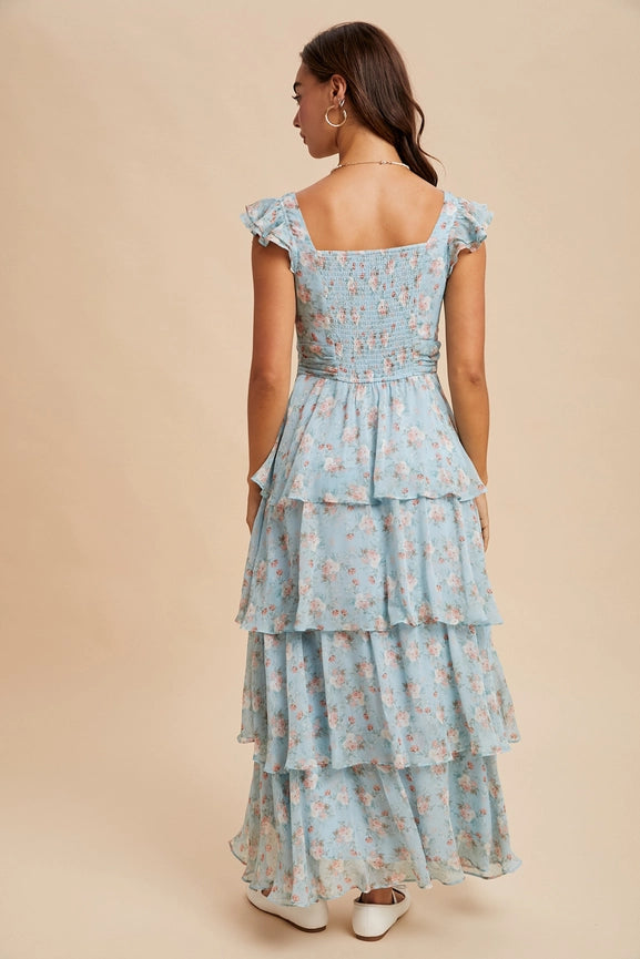 Dusty Blue Tiered Chiffon Floral Dress
