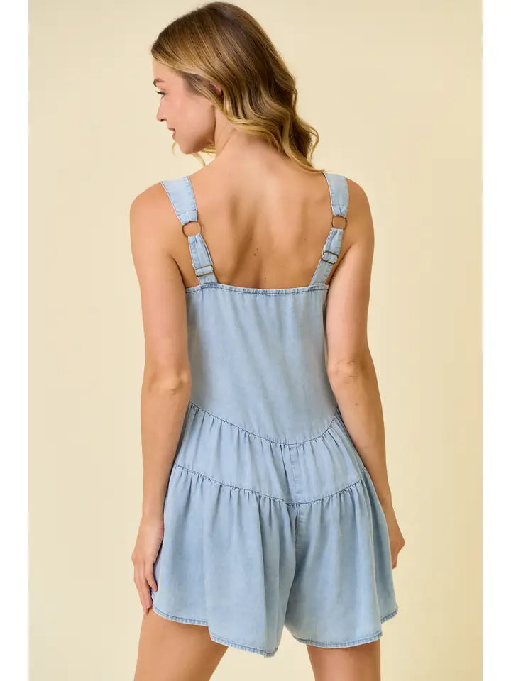 Denim Wide Strap Tiered Flare Romper
