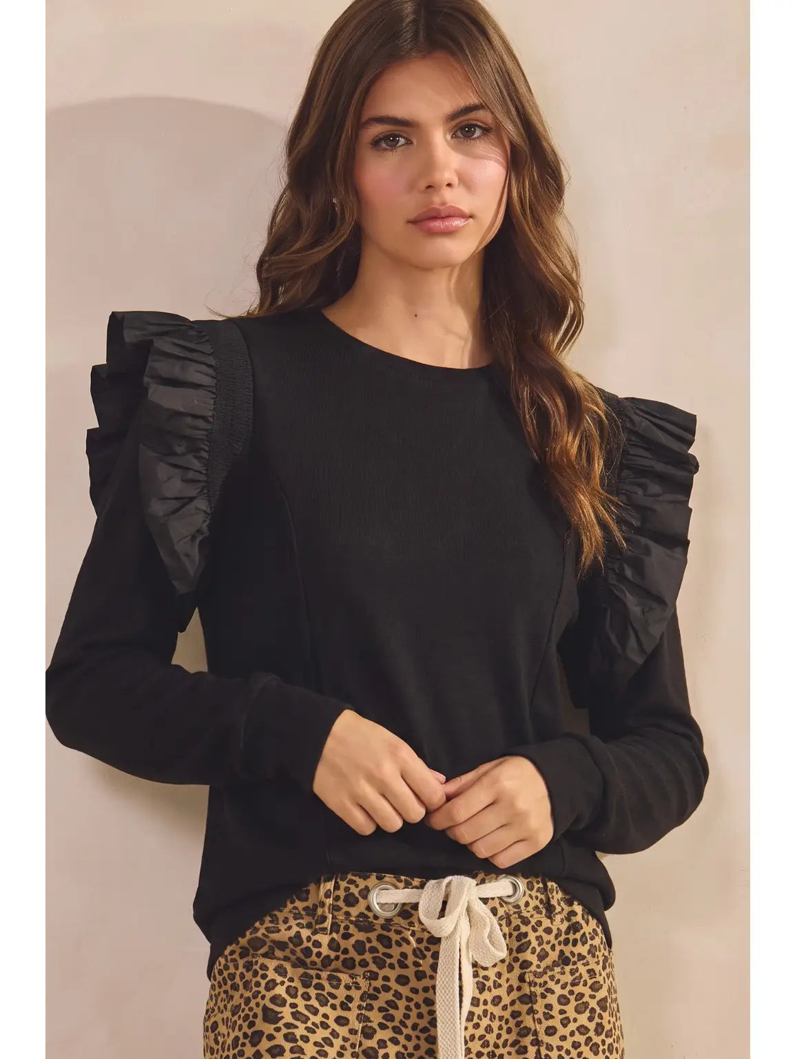 Black Solid Round Neck Top with Ruffled Smocking Detail