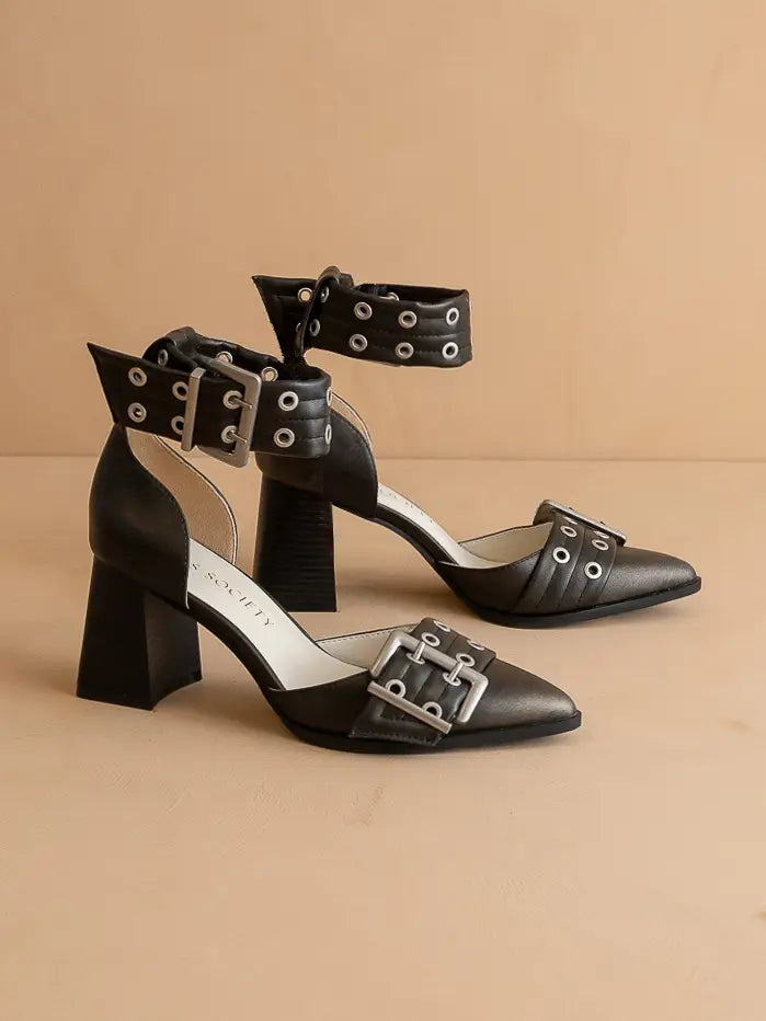 The Lux | Charcoal Double Buckle Pointed Toe Block Fall Heel