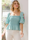 SEAFOAM Embroidery Smocked Peplum Top