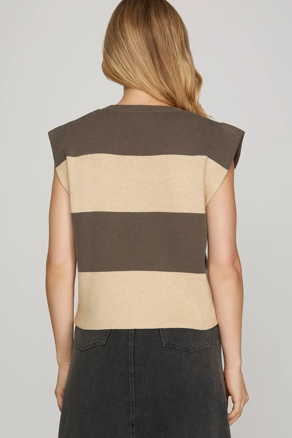 MOCHA STRIPE SLEEVELESS SWEATER TOP