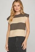 MOCHA STRIPE SLEEVELESS SWEATER TOP