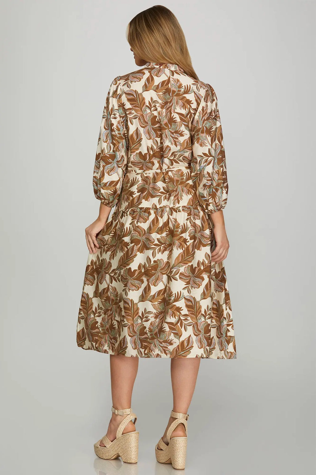 BROWN 3/4 SLEEVE PRINT MIDI DRESS