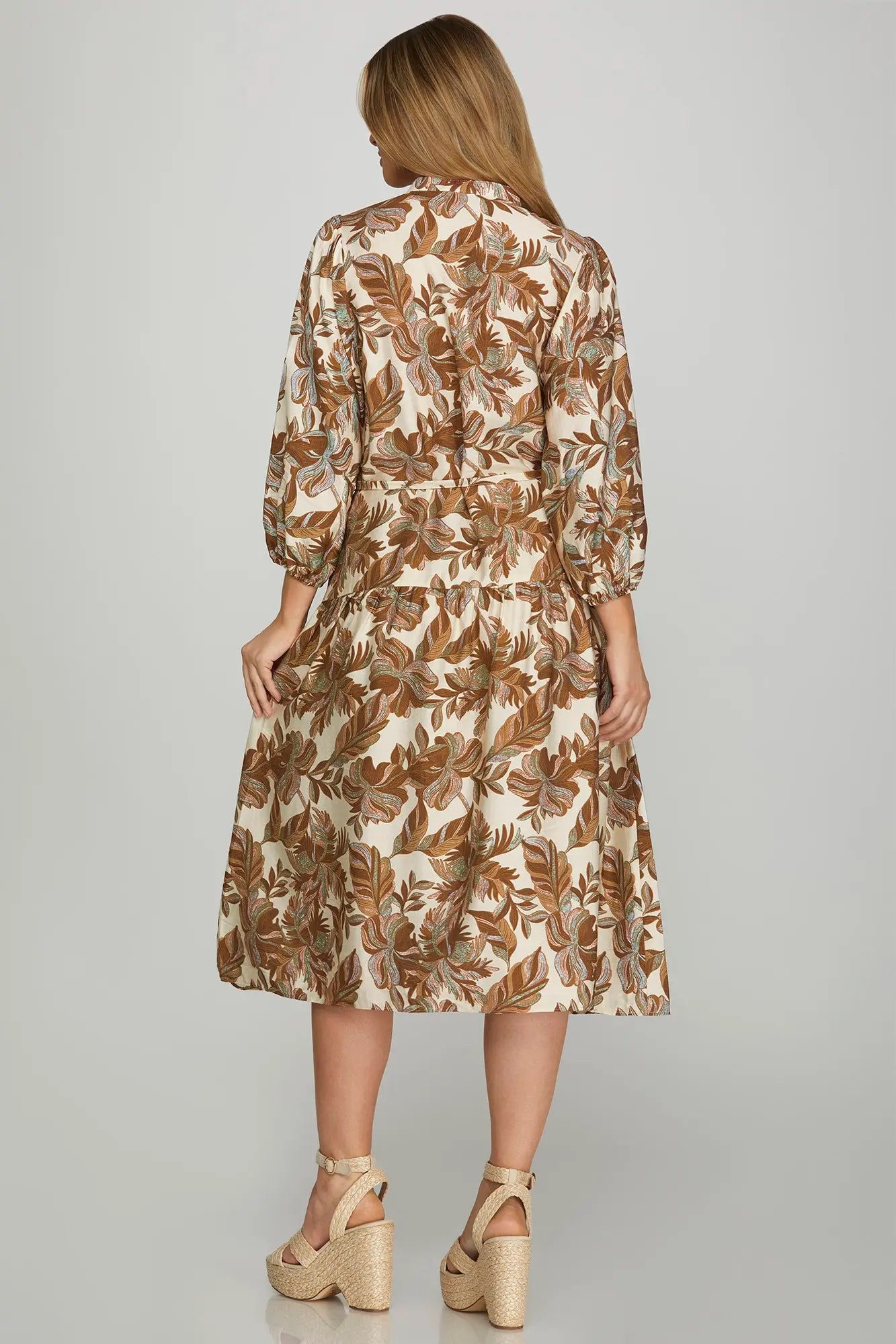 BROWN 3/4 SLEEVE PRINT MIDI DRESS