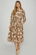 BROWN 3/4 SLEEVE PRINT MIDI DRESS