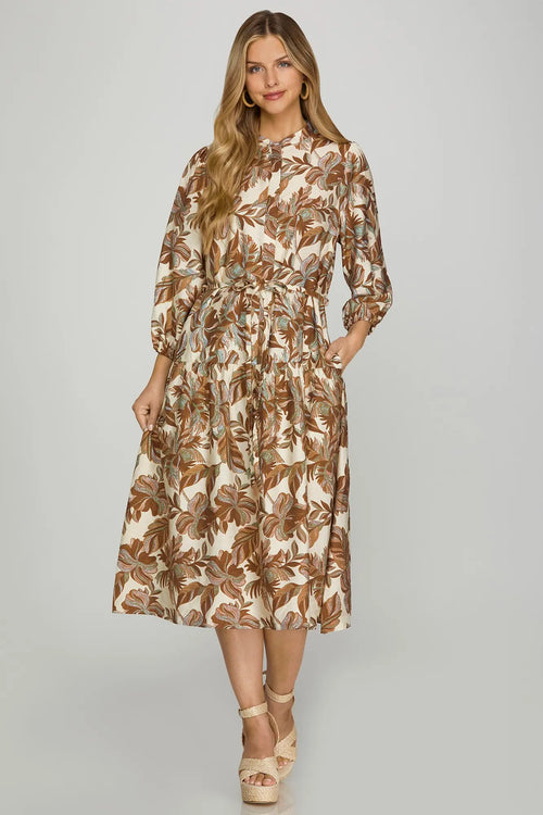 BROWN 3/4 SLEEVE PRINT MIDI DRESS