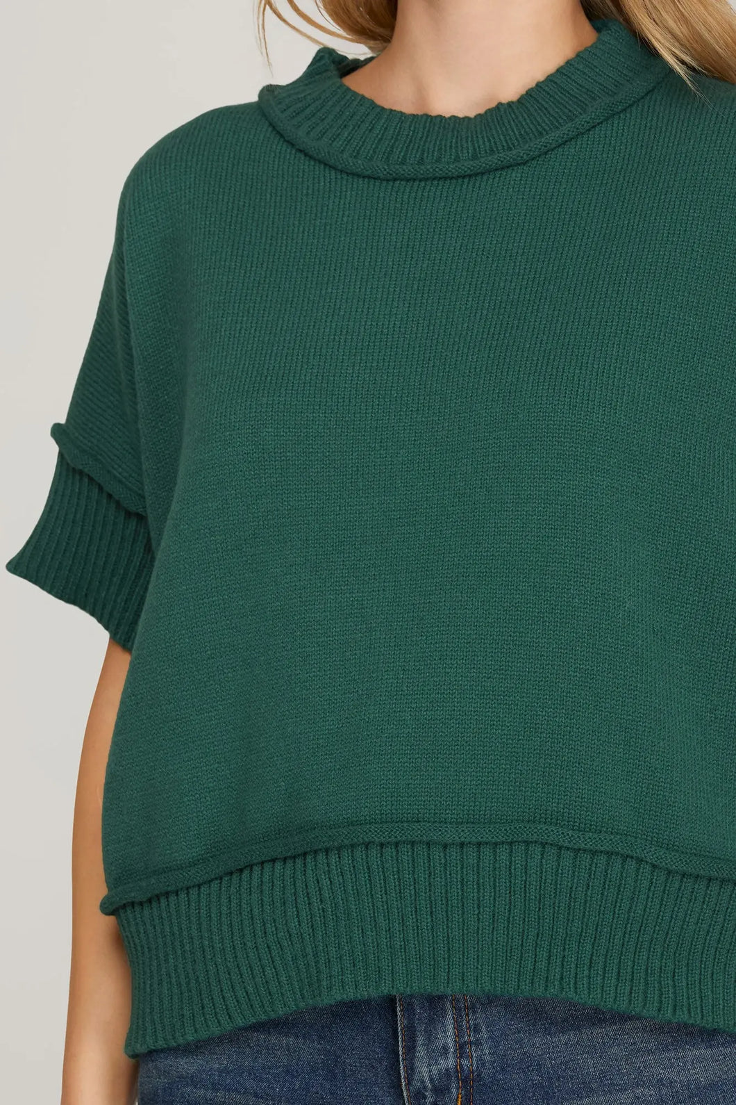 DROP HALF SLEEVE CREW NECK SWEATER IN HUNTER GREEN