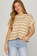 DROP SHORT SLEEVE SCALLOP STRIPED PATTERN KNIT SWEATER TOP