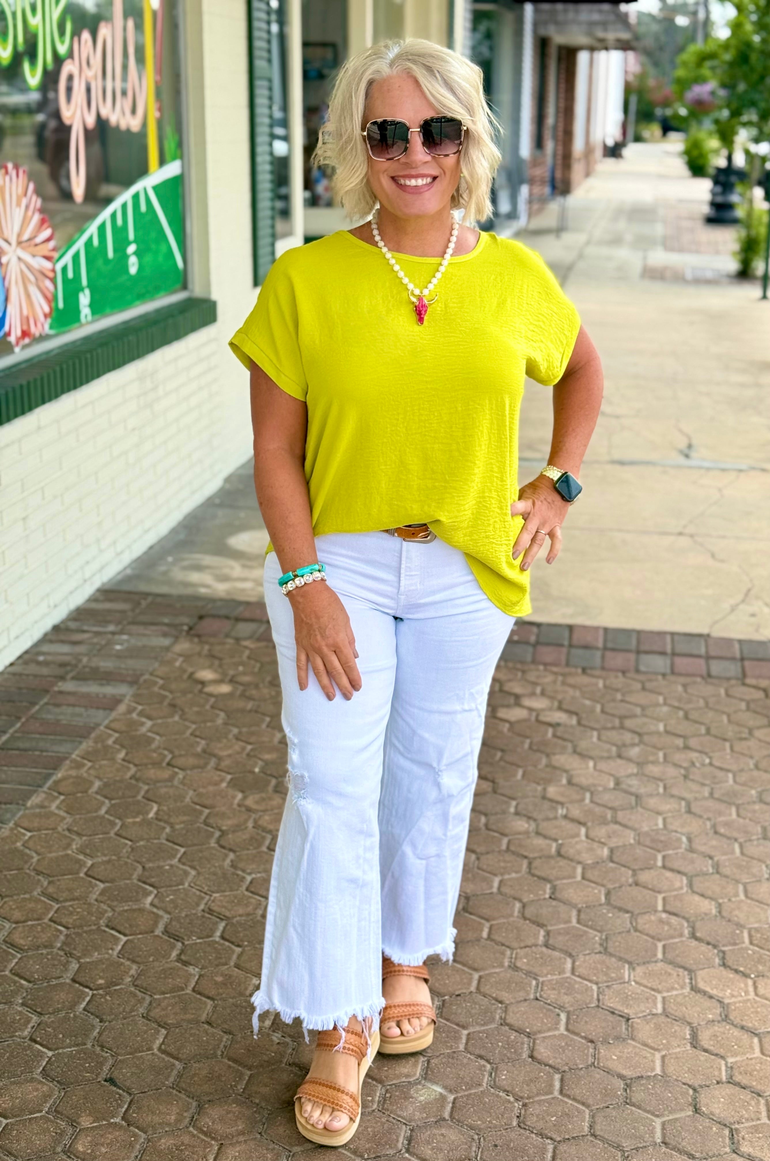 Lime Airflow Round Neck Dolman Short Sleeve Woven Top