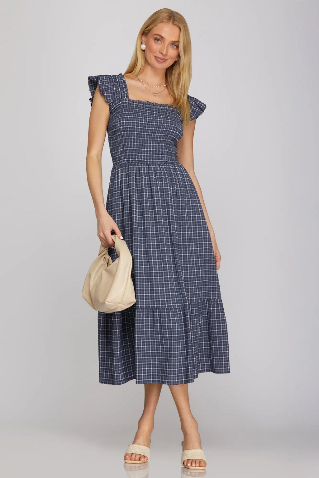 RUFFLE STRAP CHECK SMOCKED MIDI DRESS IN NAVY