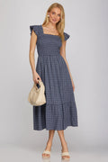 RUFFLE STRAP CHECK SMOCKED MIDI DRESS IN NAVY