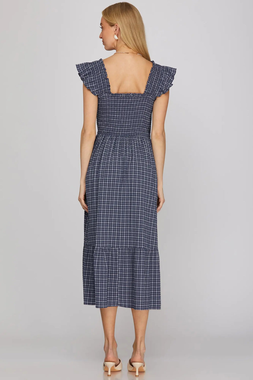 RUFFLE STRAP CHECK SMOCKED MIDI DRESS IN NAVY