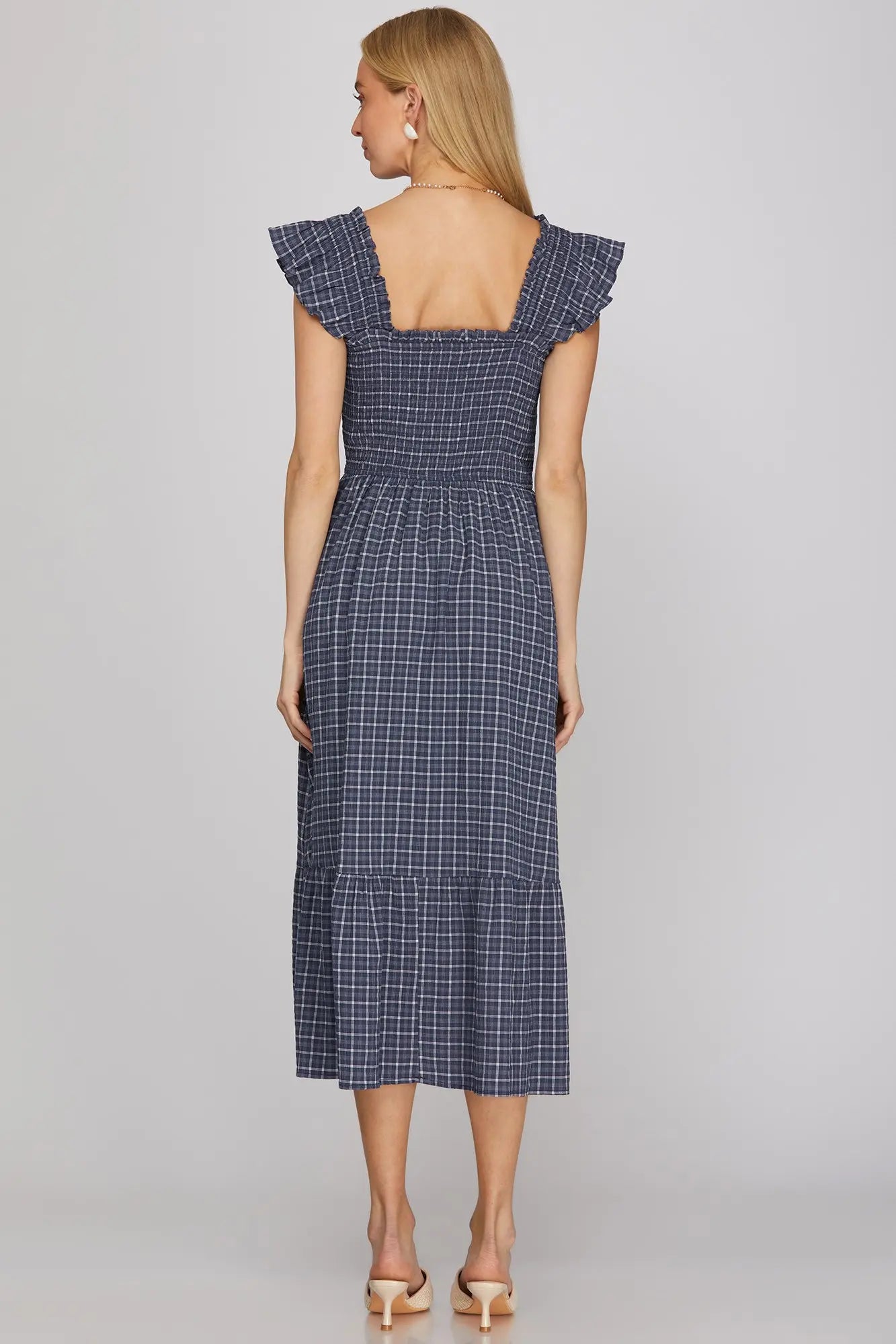 RUFFLE STRAP CHECK SMOCKED MIDI DRESS IN NAVY