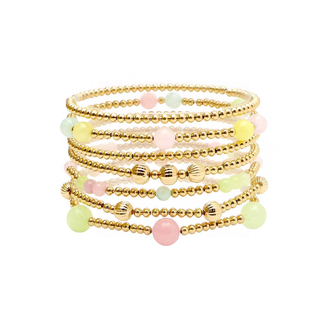 Set of 7 Light Multi Stone and Gold Beaded Stretch Bracelets