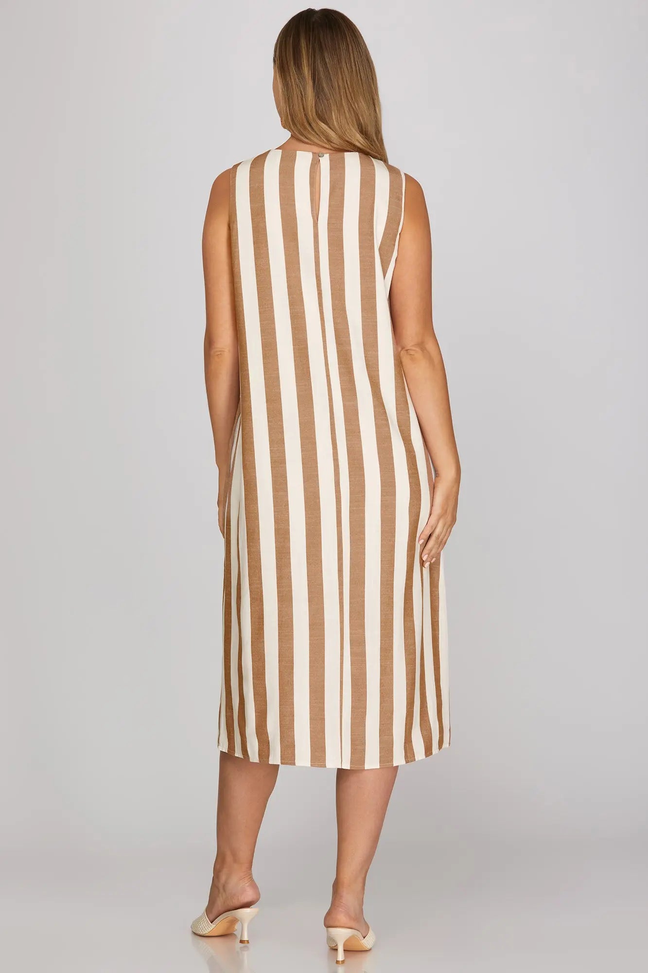 SLEEVELESS MOCHA STRIPE MIDI DRESS WITH POCKETS