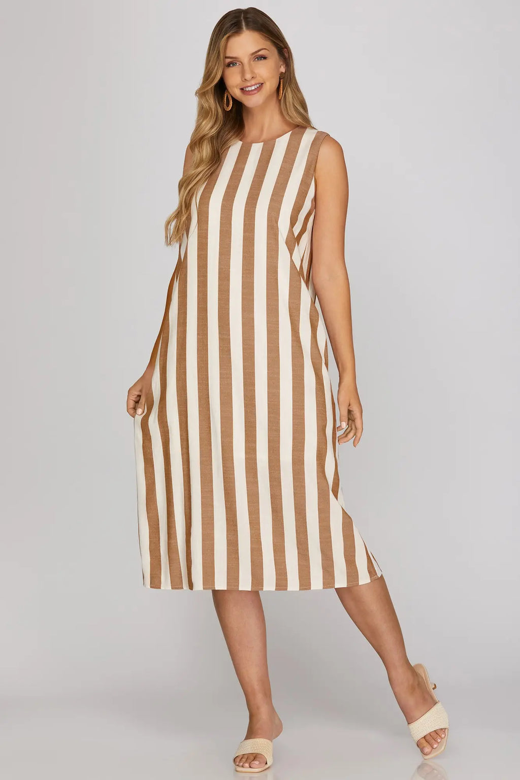 SLEEVELESS MOCHA STRIPE MIDI DRESS WITH POCKETS