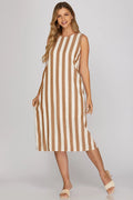 SLEEVELESS MOCHA STRIPE MIDI DRESS WITH POCKETS