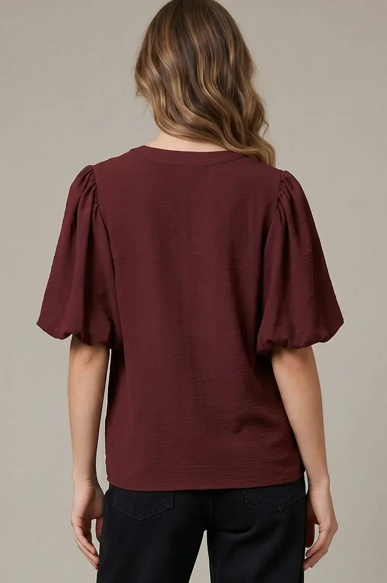 WINE PUFF SLEEVE PINTUCK DETAIL WITH NECK TIE