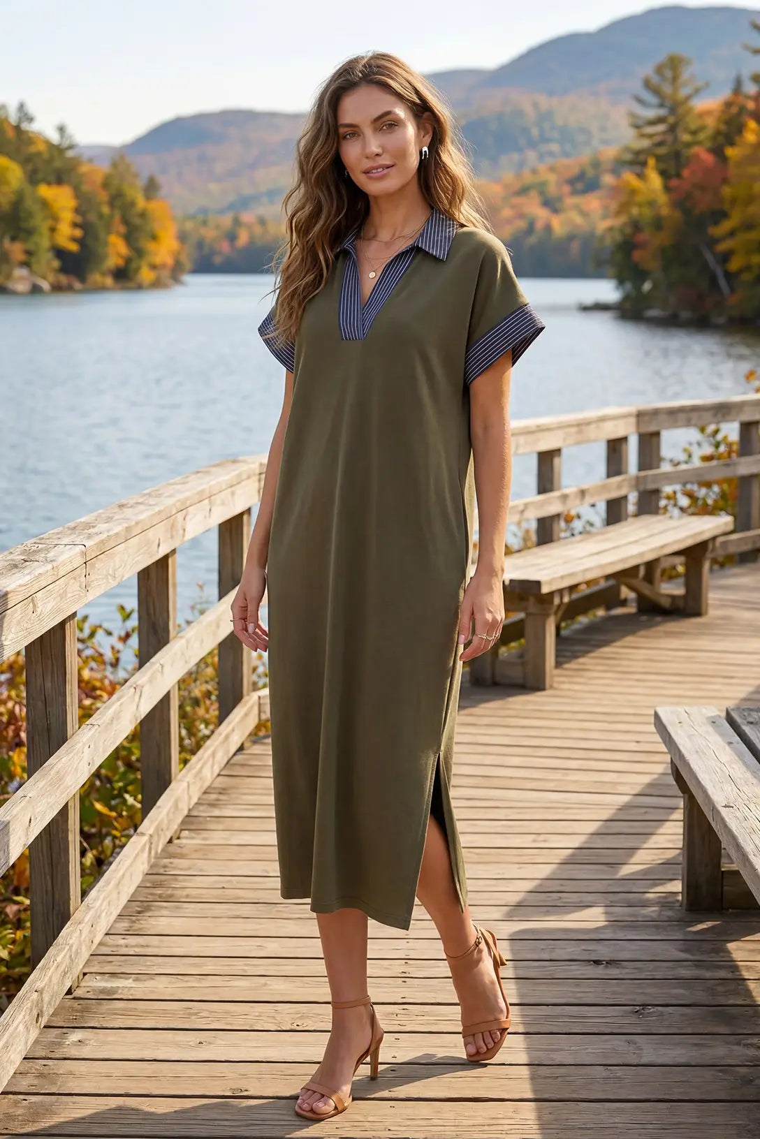 Olive Knit Contrast Collar Midi Dress