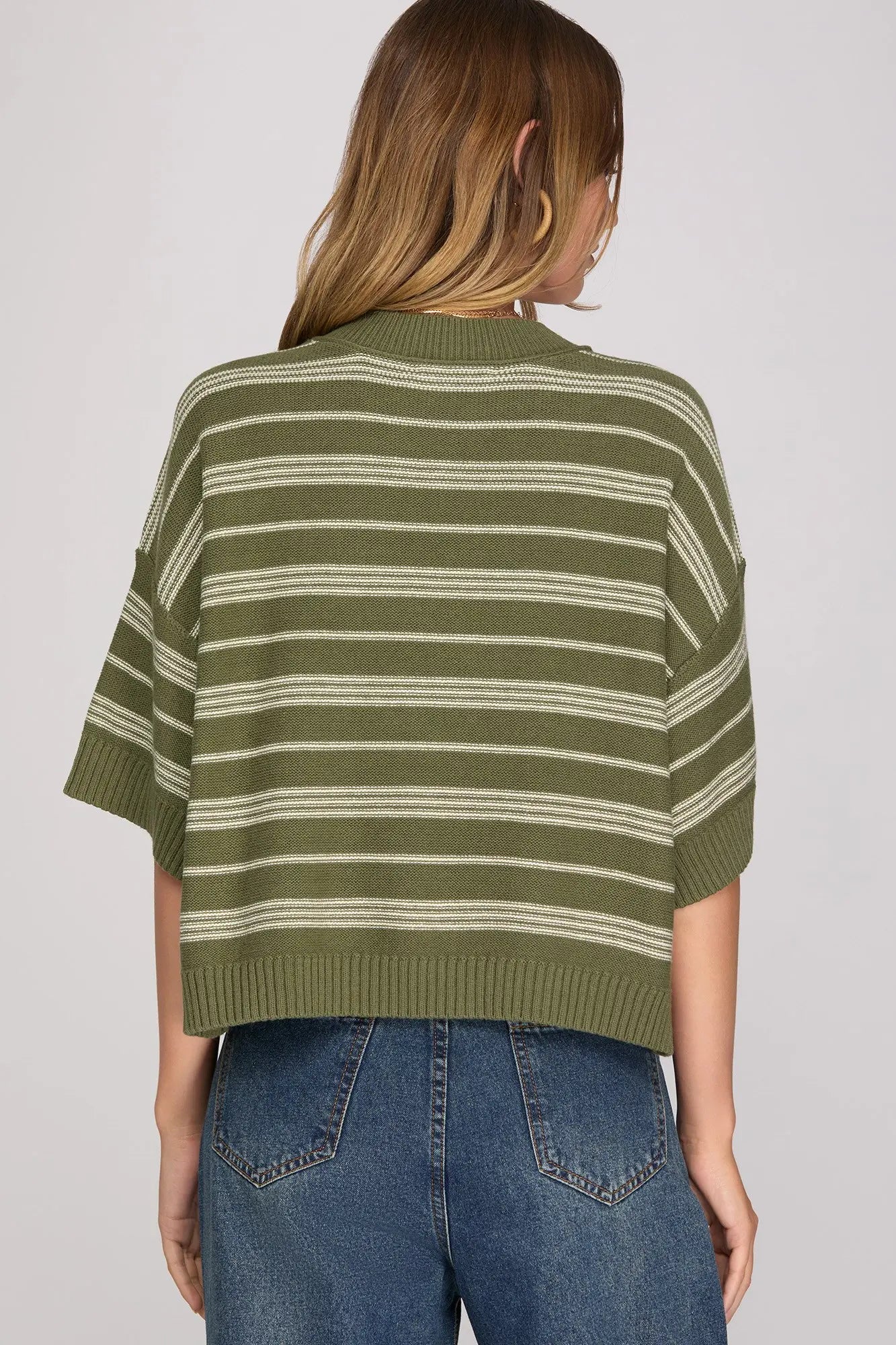 DROP HALF SLEEVE STRIPED KNIT SWEATER TOP