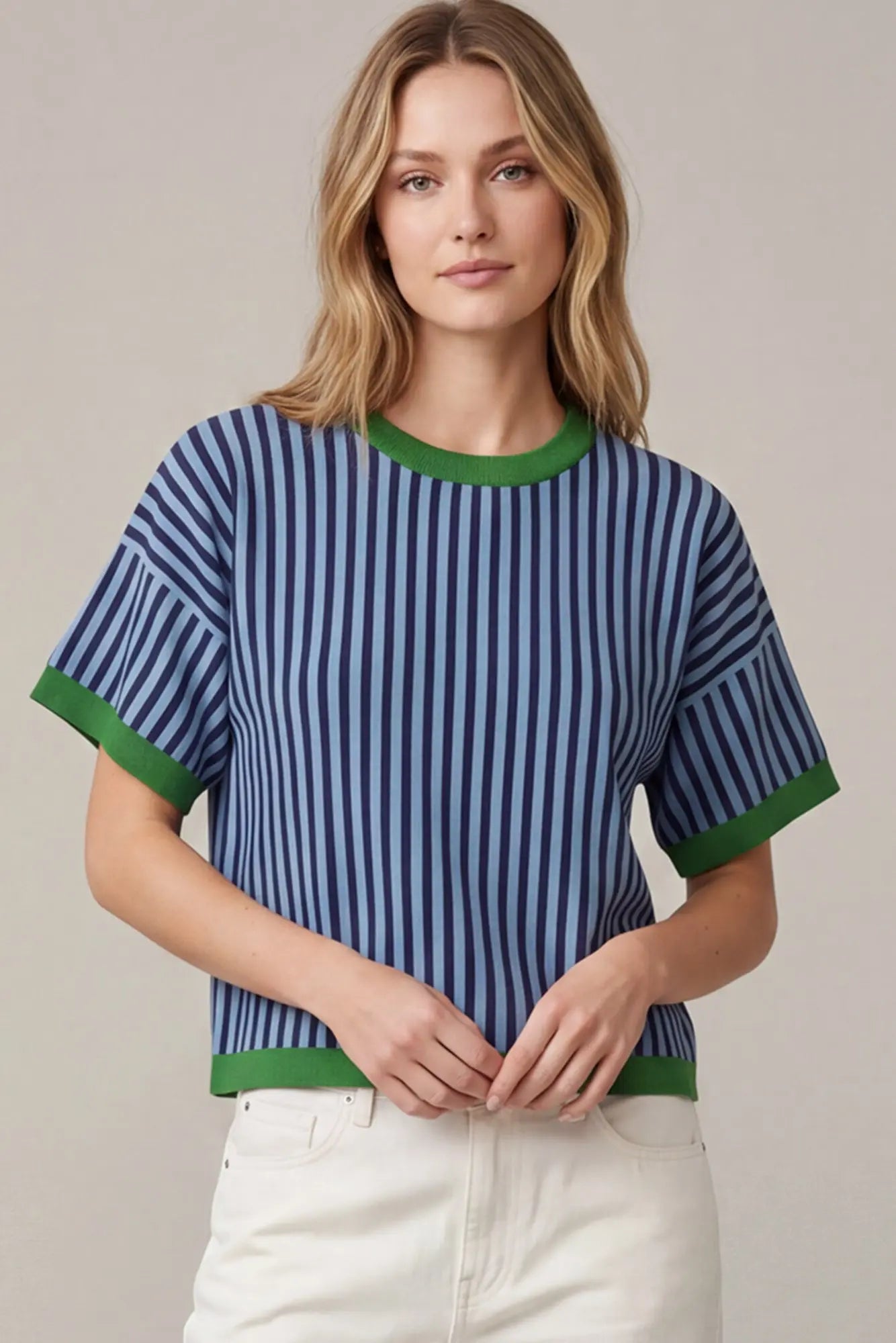 Blue/Green Striped Short Sweater Top