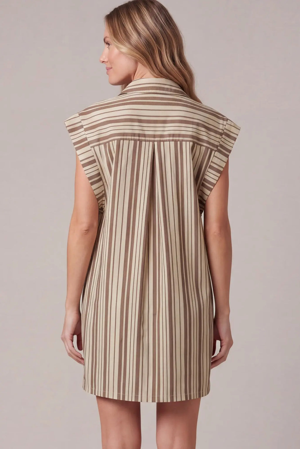 STRIPE BUTTON DOWN SHIRT DRESS IN TAUPE