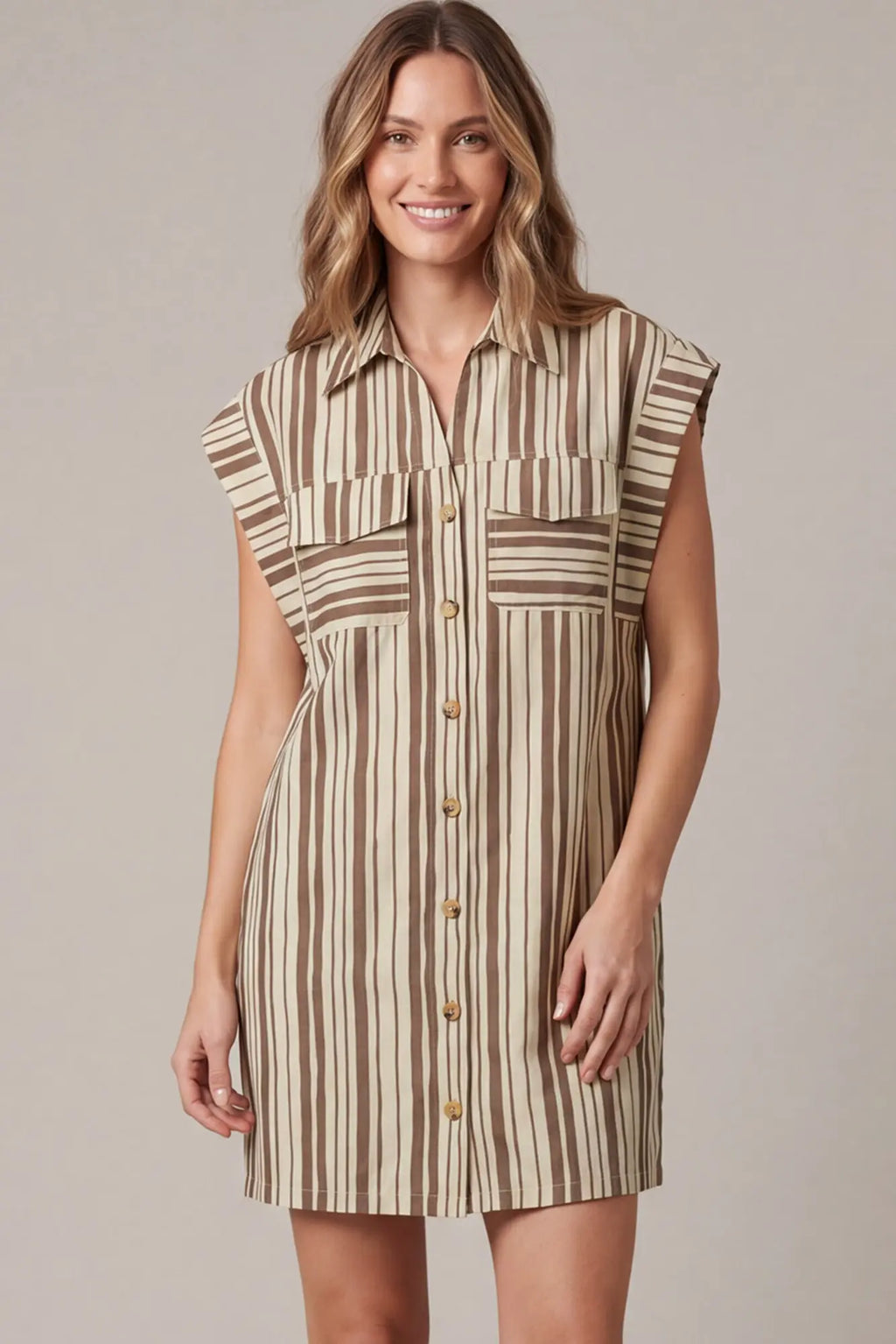 STRIPE BUTTON DOWN SHIRT DRESS IN TAUPE