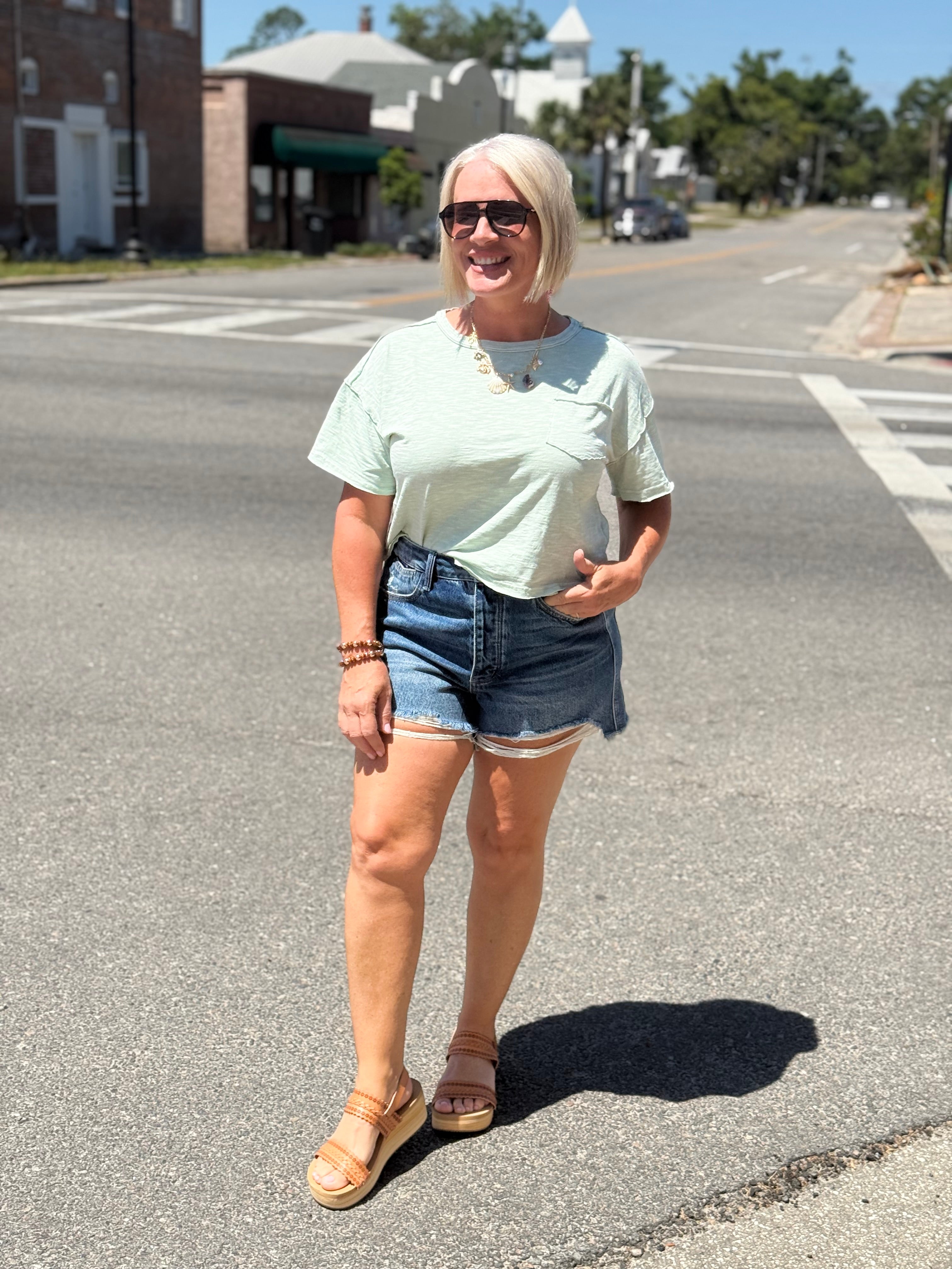 Dusty Mint Raw Edge Exposed Seam Short Sleeve Knit Crop Top