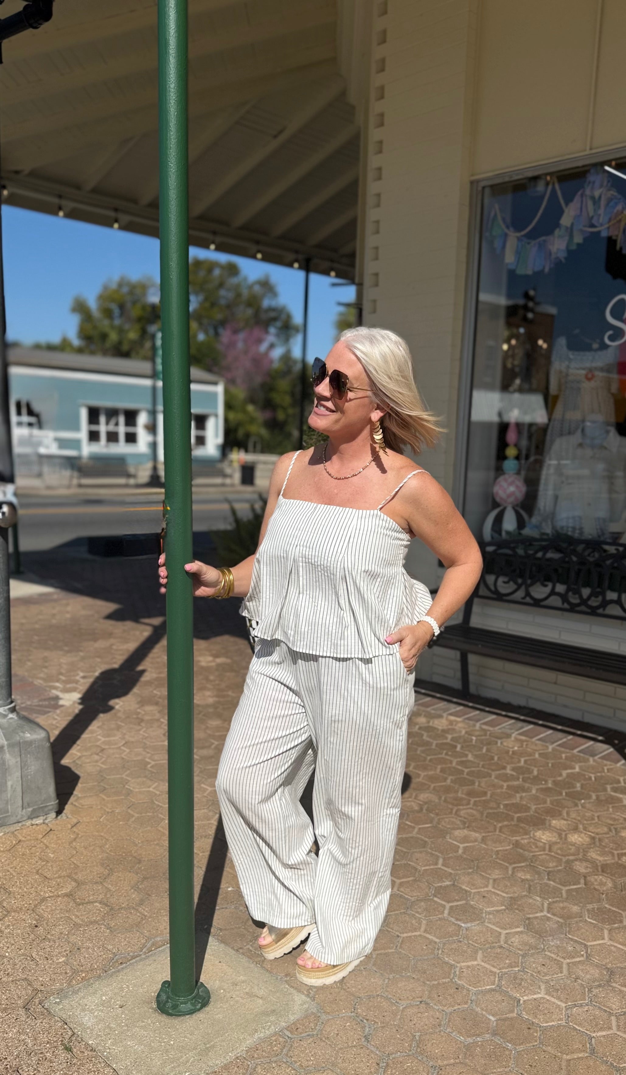 Off White Spaghetti Strap Top and Wide-Leg Pants Set