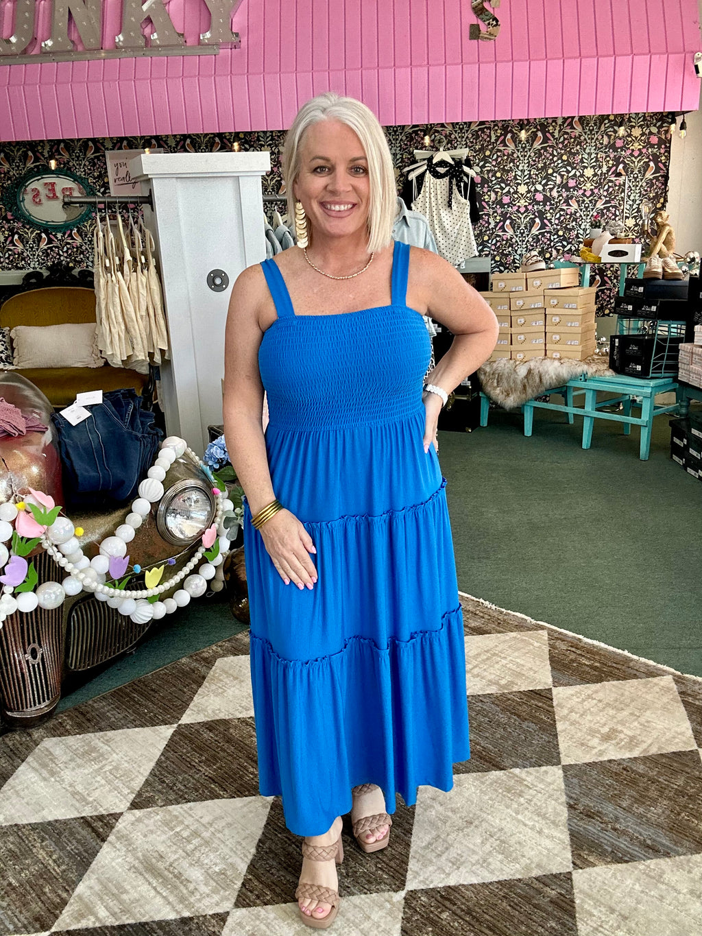 Ocean Blue Smocked Tiered Midi Dress