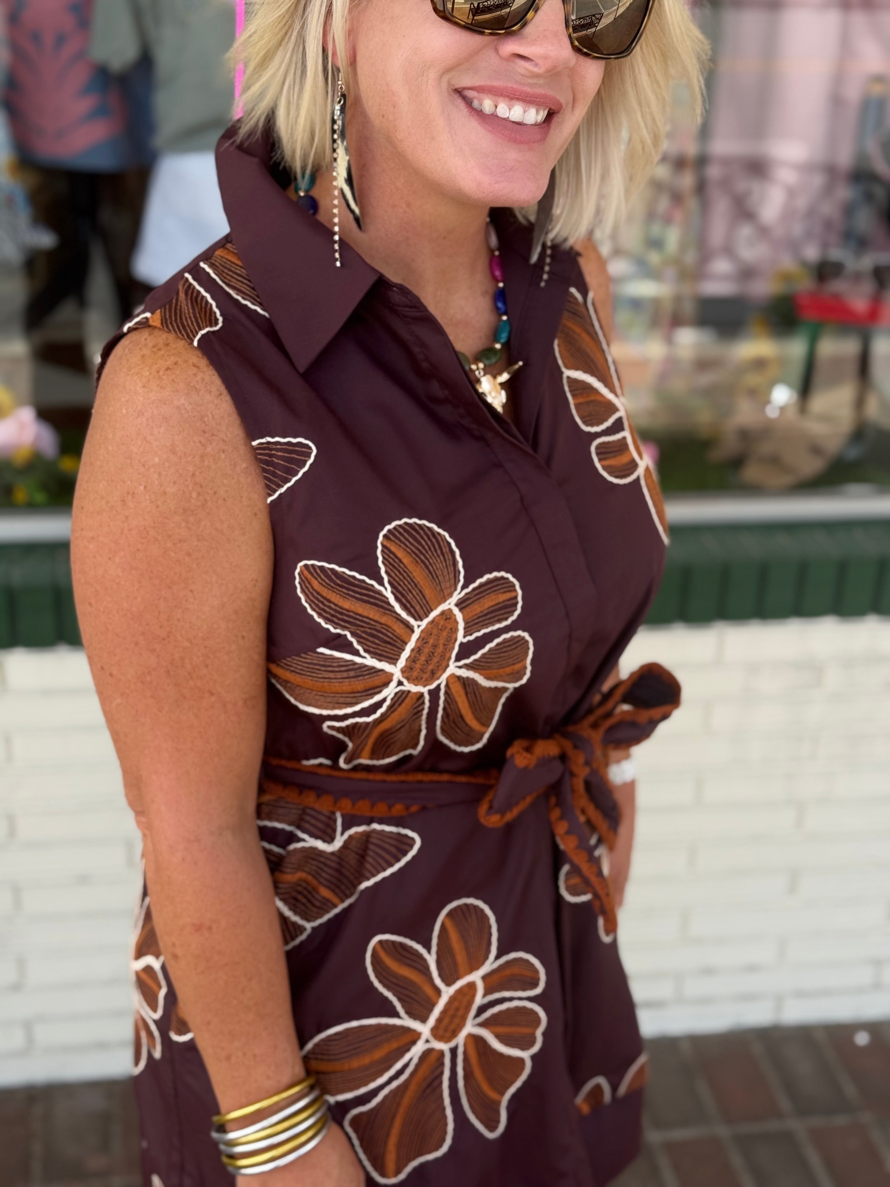 Brown Floral Embroidered Sleeveless Mini Dress
