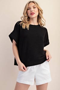 Black Reverse Terry Short Sleeve Drop Shoulder Top