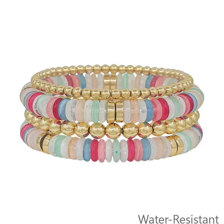 Water Resistant Multi and Gold Beaded Set of 4 Stretch Bracelets