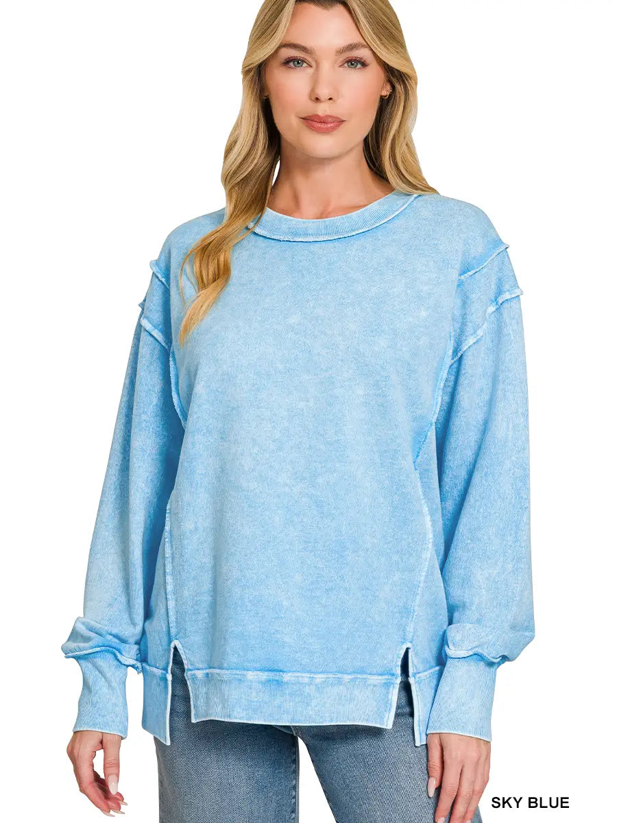 SKY BLUE EXPOSED SEAM LONG SLEEVE TOP