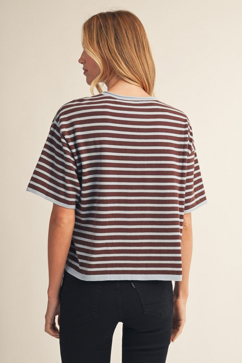 Brown and Blue Stripe Lightweight Sweater Top