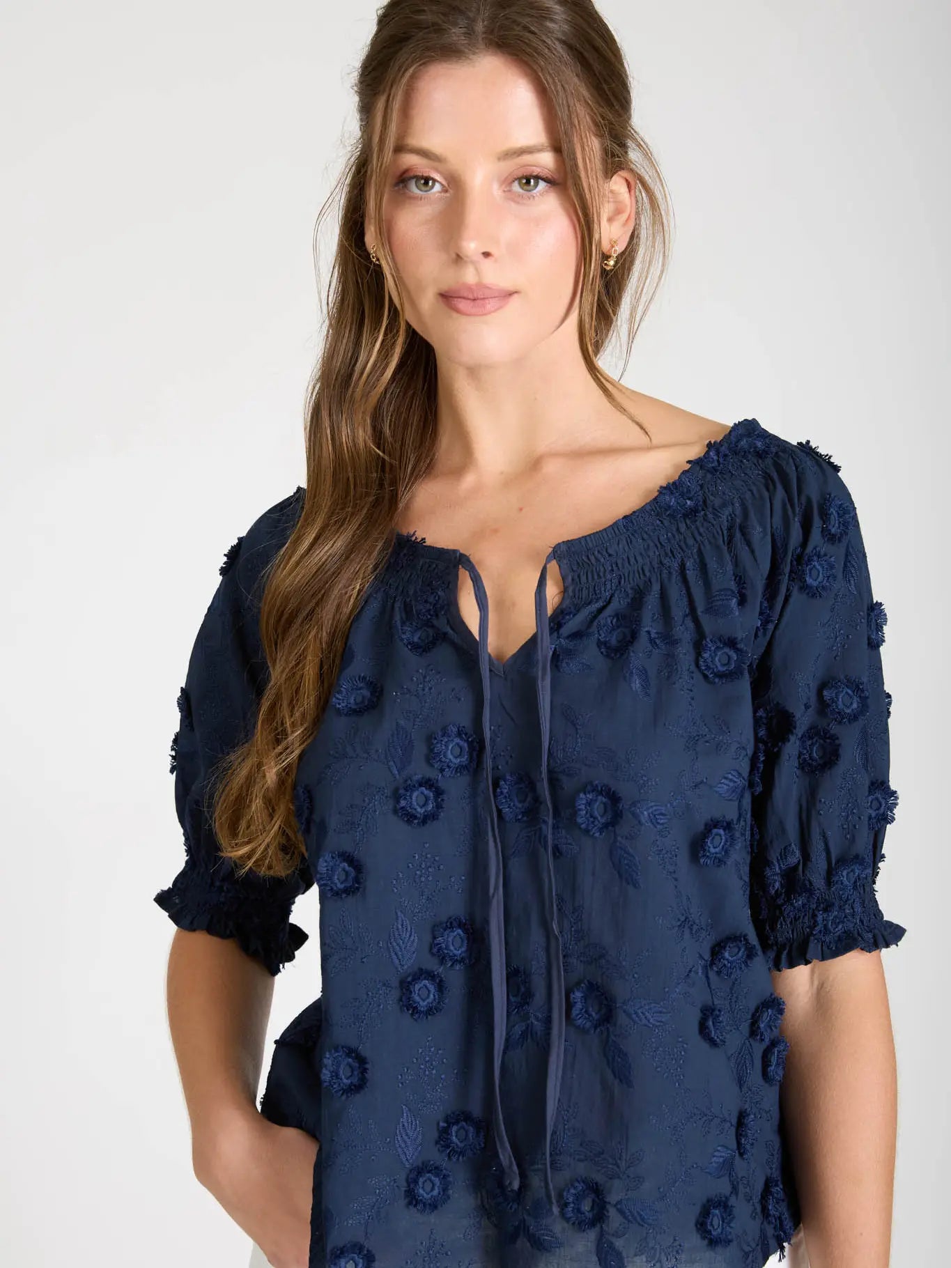 Navy Embroidered 3D Floral Blouse