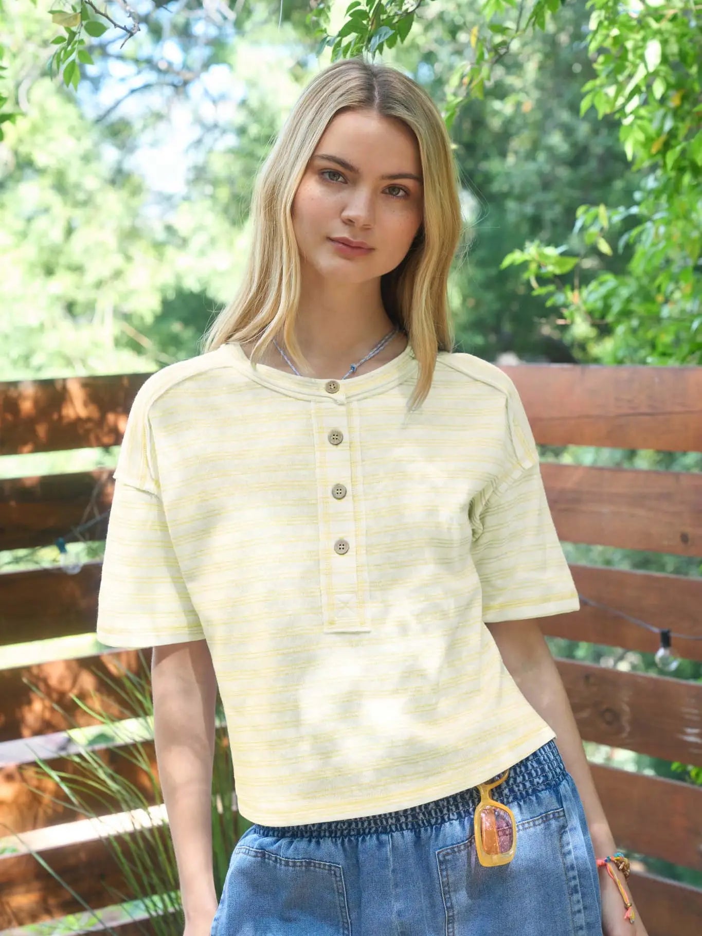 Yellow Stripe Exposed Seam Henley Boxy Knit Top