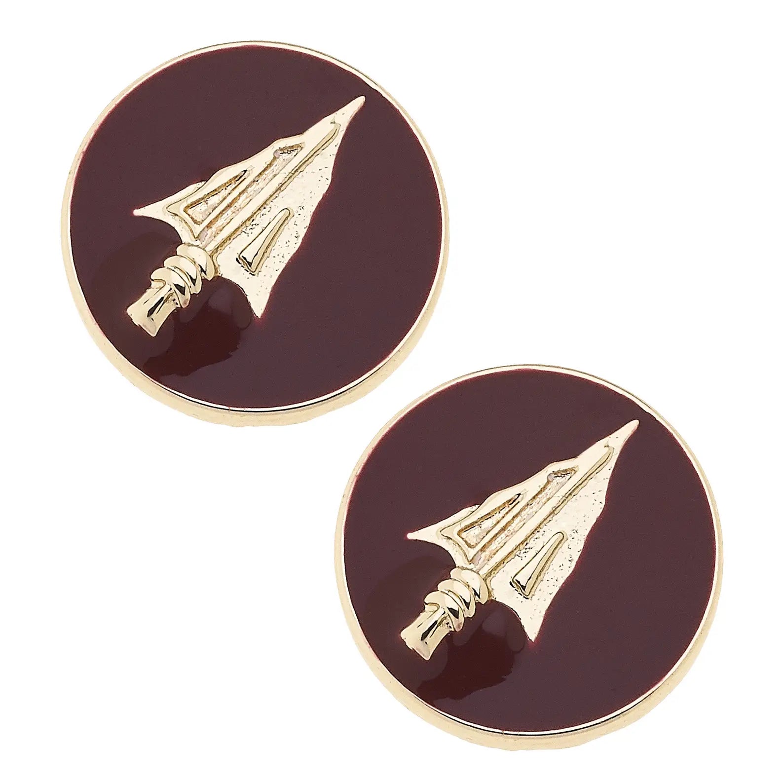 Circular earrings with a polished garnet background and gold Florida State Seminoles emblem in the center.