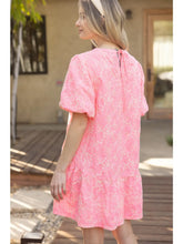 Load image into Gallery viewer, BRIGHT Coral Floral Embroidered Gingham Bubble Sleeve Dress
