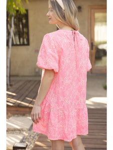 BRIGHT Coral Floral Embroidered Gingham Bubble Sleeve Dress