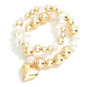 Set of Two Metal Tone and Pearl Beaded Stretch Bracelets Featuring Heart Charm