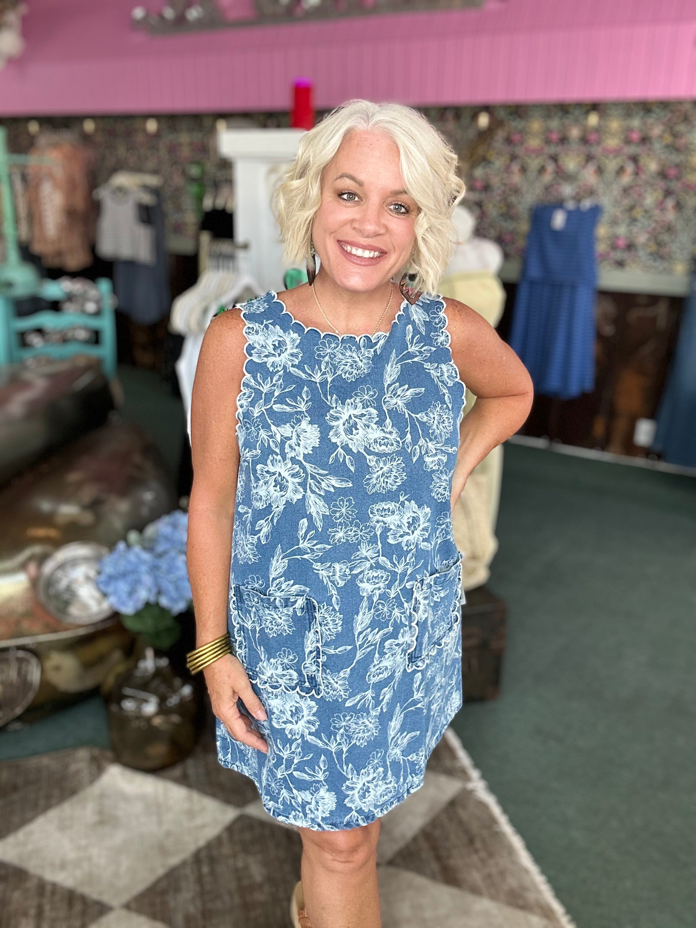 Denim Mini Dress with Scalloped Embroidery Detail