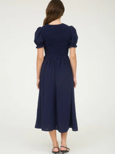 Load image into Gallery viewer, NAVY  Front Tie Smocked Puff Sleeve Midi Dress
