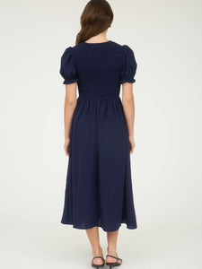 NAVY  Front Tie Smocked Puff Sleeve Midi Dress